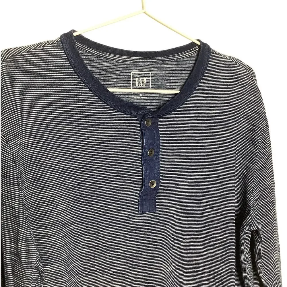 Gap Blue Striped Long Sleeve Henley Shirt Medium